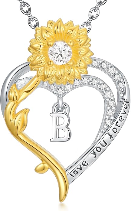 Initial Necklace 925 Sterling Silver Sunflower Heart Letter Pendant Alphabet Anniversary Birthday Jewelry Gifts for Women Mom Girlfriend Wife Her