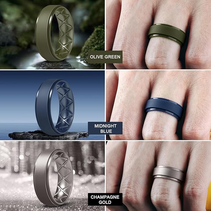 Egnaro Men's Rings 8.5mm Wide-2mm Thick Inner Arc Ergonomic Breathable Rubber Wedding bands-Hypoallergenic for Gym/Outdoor/Gift((1-7 Variety Pack with Half Size)