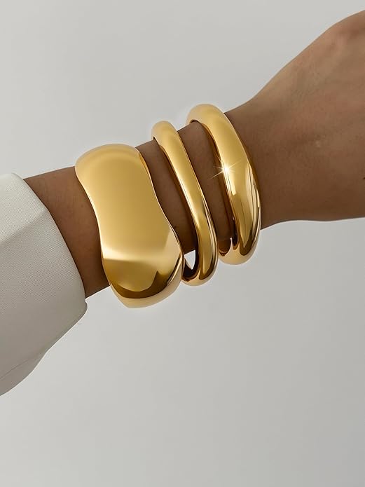 3Pcs Chunky Gold Bangles Bracelets for Women, Spring Hinged Big Stackable Bangles Set, Trendy Cuff Bracelet Stack Fashion Jewelry Gifts