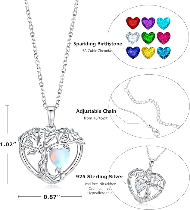 Tree of Life Necklaces for Women 925 Sterling Silver Heart Pendant Birthstone Necklace Created Gemstone Jewelry for Her, 18"+2"