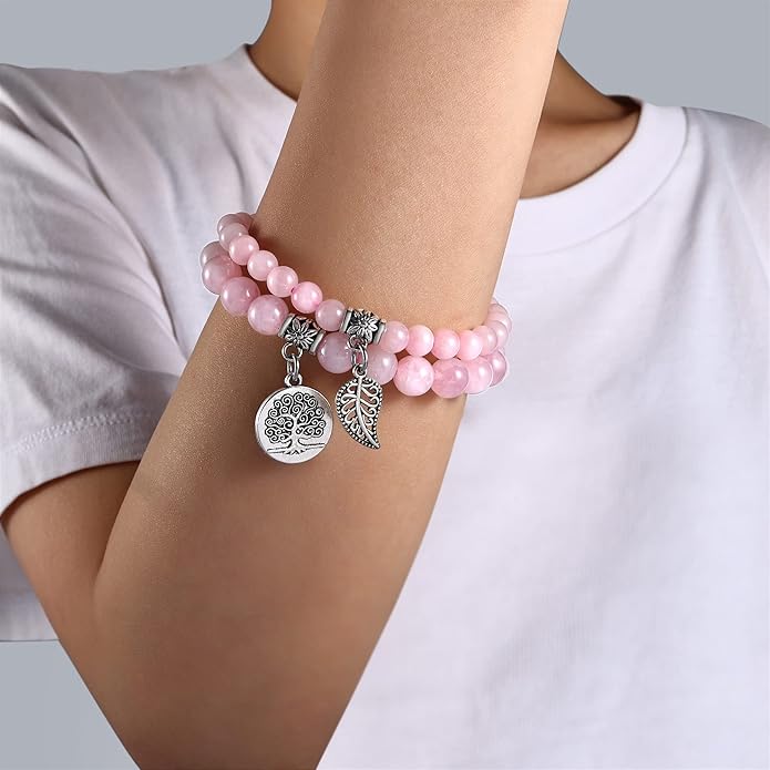 Bivei Natural Semi Precious Gemstone beads bracelet for women - Life Tree and Leaf Charm Energy Reiki Crystal Stretch Bracelets