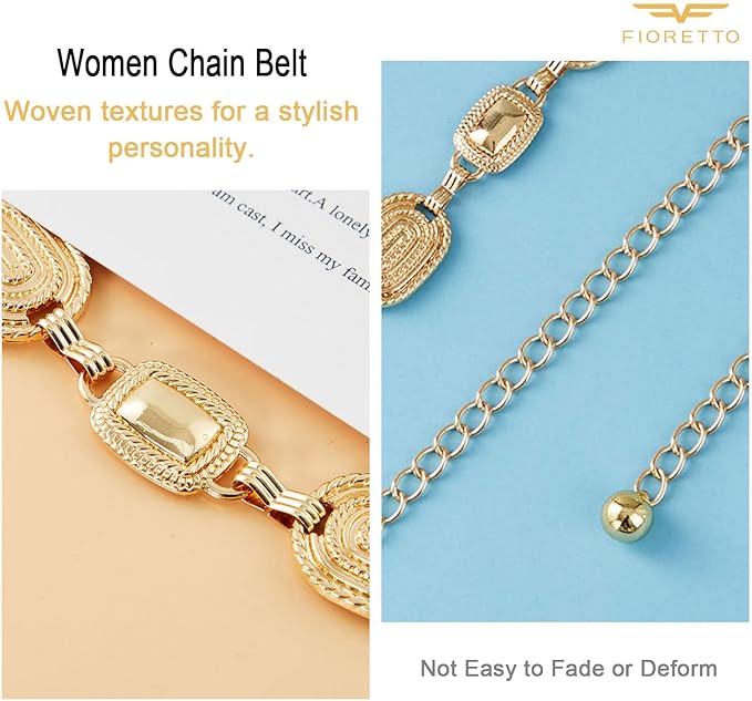 FIORETTO Metal Waist Chain Link Belt for Women Western Cowgirl Boho Turquoise Belts for Dress Jeans Country Concert Outfit