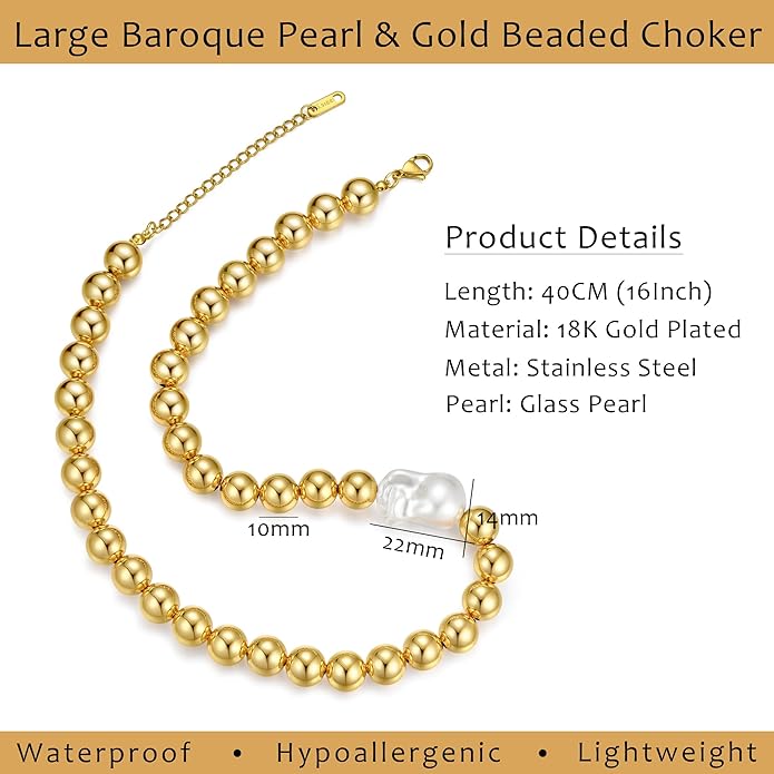Natural Freshwater Baroque Pearl Necklace 14K Gold Plated Dainty Choker Necklace for Women Girls Snake Chain/Cuban Link/Paperclip/Ball Beaded Chain/Tennis Chain Fashion Jewelry for Gift