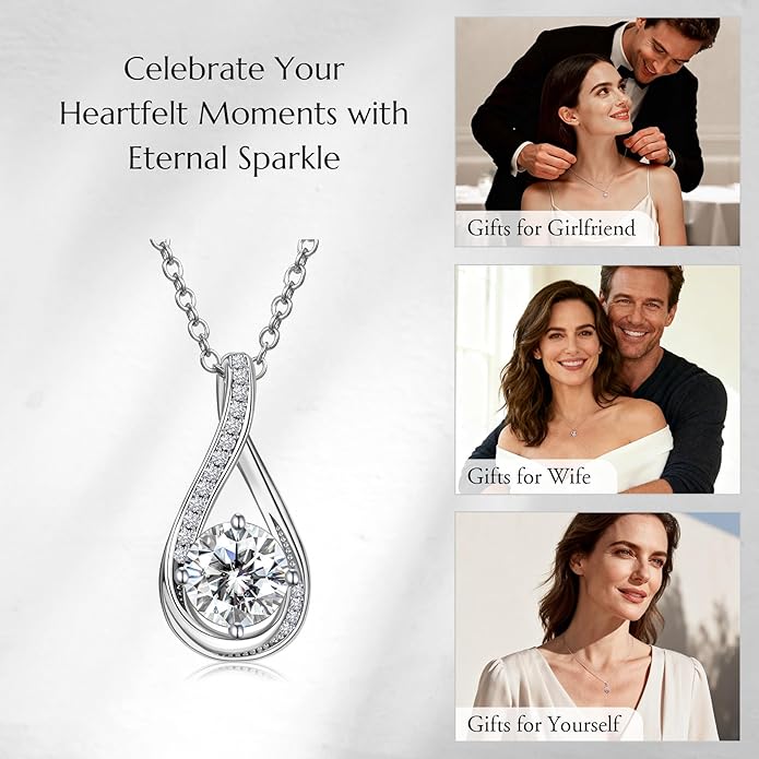 NORBU Moissanite Necklace for Women, 1 CT D Color VVS1 Clarity Round Cut, 925 Sterling Silver Heart Necklace with 18K White Gold Plated, Jewelry Gift for Wedding Anniversary Birthday Christmas Valentine's Day