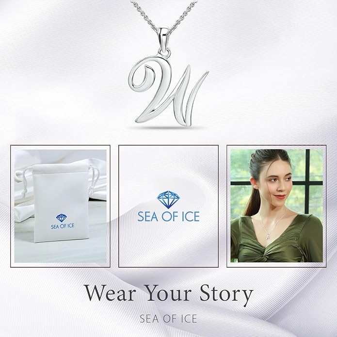 SEA OF ICE Letter Initial Necklace, Alphabet Letter Pendant Necklace, Sterling Silver, Gold, Rose Gold Necklace for Women, Elegant Initial Necklaces, Personalized Custom Women's Necklaces