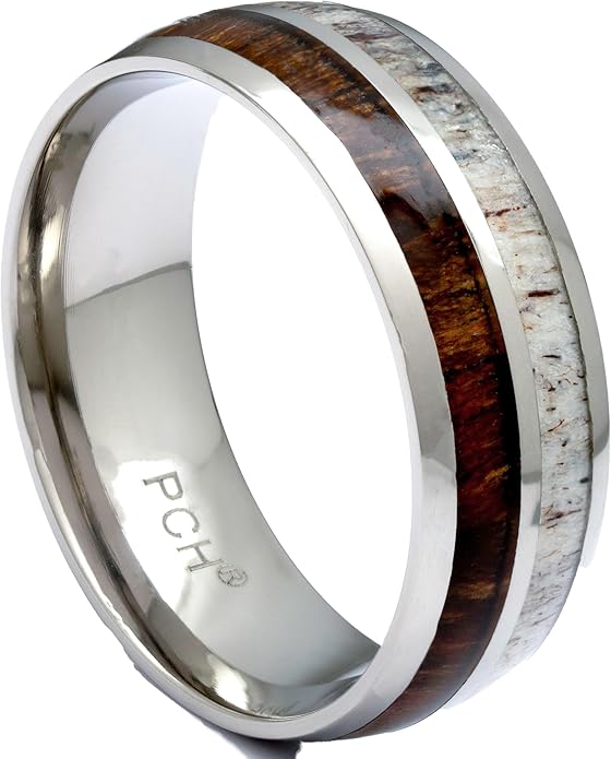 Deer Antler and Koa Wood Ring Titanium Mens Wedding Band Comfort Fit