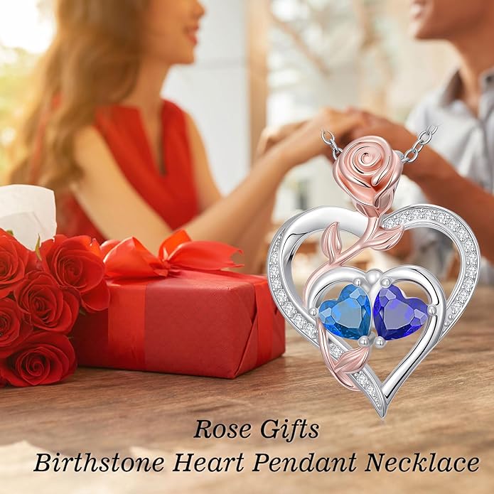 Rose Flower Heart Pendant for Women Birthday Gifts 18k Gold Plated Mother Daughter Necklace with 12 Months Birthstone Christmas Valentines Day Gifts for Her Mom Anniversarry Jewelry for Mom Wife Girlfriend