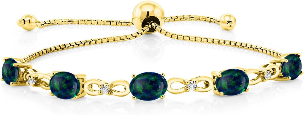 Gem Stone King 7X5MM Oval Cut Gemstone Birthstone and Accent Lab Grown Diamond Tennis Bracelet For Women In 18K Yellow Gold Plated Silver | Adjustable Bolo Bracelet For Women | Easy-On Easy-Off