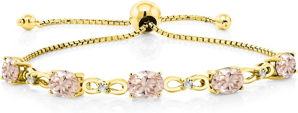 Gem Stone King 7X5MM Oval Cut Gemstone Birthstone and Accent Lab Grown Diamond Tennis Bracelet For Women In 18K Yellow Gold Plated Silver | Adjustable Bolo Bracelet For Women | Easy-On Easy-Off