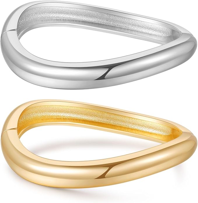 2pcs Gold Bangle Bracelets for Women, Trendy Hinged Cuff Open Wide Chunky Gold Bracelet Stack Arm Cuff Jewelry for Women