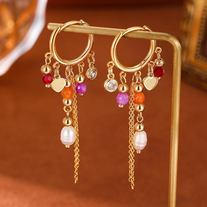 GZQ Bohemian Tassel Hoop Earrings for Women,Colorful Beaded Pearl Dangle Jewelry Fashion Statement Accessory for Gift Daily Wear Party Date, Lightweight 2.75in