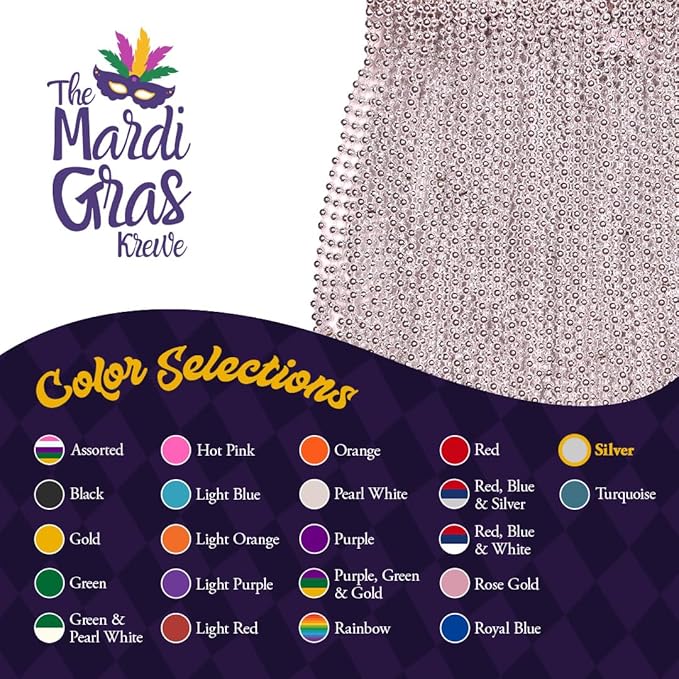 Silver Mardi Gras Beads - 33 inch, 7mm, 72 Necklaces, 6 Dozen Bulk Event Favors
