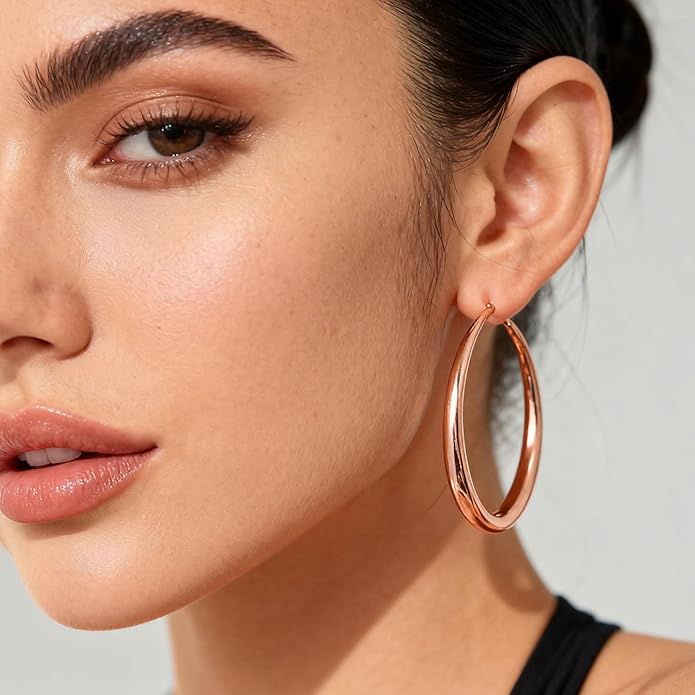 EXGOX Sterling Silver Hoop Earrings - Hypoallergenic, Lightweight, Chunky, 14K Real Gold Plated, Big Large Hoops for Women