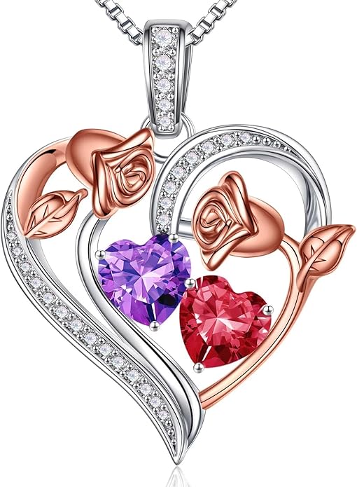 Iefil Valentines Day Gifts for Her - 925 Sterling Silver Rose Heart Necklace, Birthstone Jewelry, Anniversary Birthday Gifts for Wife Girlfriend Mom Daughter