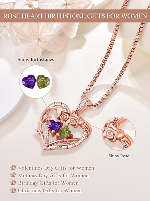 Rose Heart Necklaces for Women, Rose Gold Forever Love Jewelry with 2 Birthstones Pendant,Valentines Anniversarry Birthday Gifts for Her Wife Mom Grandma Daughter, 18+2 Inch Chain