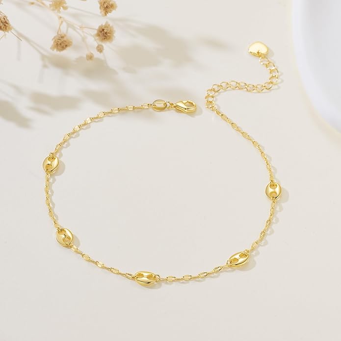 14K Gold Anklets for Women Gold Ankle Bracelets for Women Anklet for Womens Simple Design with Uniquely Oval Connectors Beach Boho Ankle Bracelet for Womens Adjustable (9.6-11) in