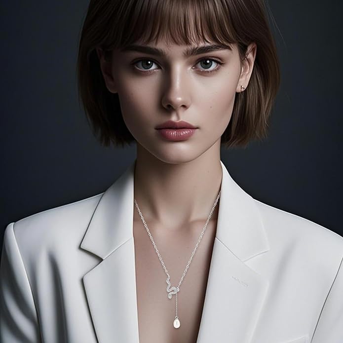 IDOKAWA Bowknot/Snake Pendant Imitation Pearl Necklace Gorgeous Y Necklace for Women AAA Quality Alloy Fashion Jewelry Gifts for Wife Friend-Snake