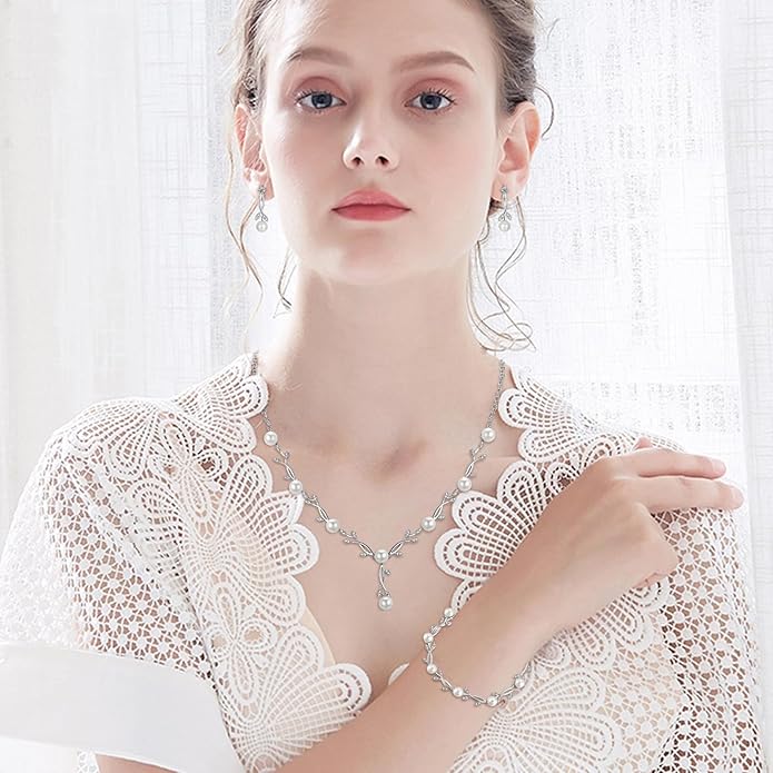 Hadskiss Jewelry Set for Women, Necklace Dangle Earrings Bracelet Set with White AAA Cubic Zirconia, Allergy Free Wedding Party Jewelry for Bridal Bridesmaid