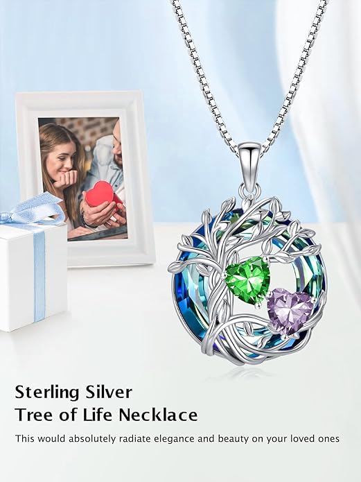 TOUPOP s925 Sterling Silver Family Celtic Tree of Life Pendant Necklaces with 2 Heart Birthstone with Blue Austrian Crystal Jewelry Birthday Valentines Day Gifts for Her, Anniversary Christmas Gifts for Wife Girlfriend Mom (18K Real White Gold Filled)