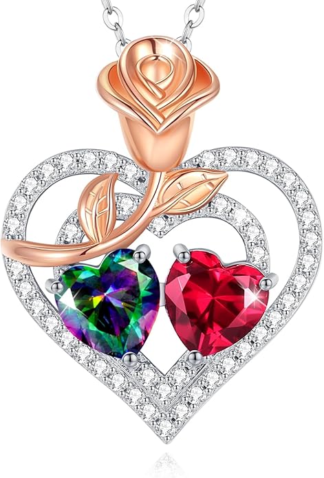 AGVANA Valentines Day Gifts Birthstone Necklace for Women Sterling Silver Rose Flower Heart Double Birthstone Jewelry Pendant Necklace Anniversary Birthday Gifts for Women Mom Wife Girlfriend Her