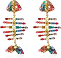 Creative Exaggerated Long Colorful Sparkly Crystal Fish Bone Dangle Drop Earrings Vintage Gold Cute Enamel Diamond Animal metal Stud Earrings