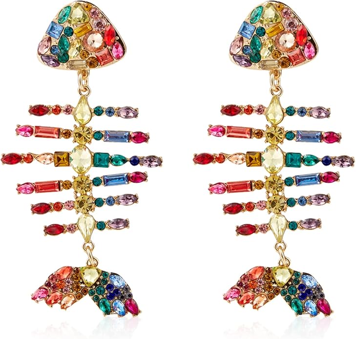 Creative Exaggerated Long Colorful Sparkly Crystal Fish Bone Dangle Drop Earrings Vintage Gold Cute Enamel Diamond Animal metal Stud Earrings