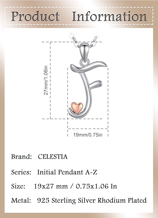CELESTIA 925 Sterling Silver Initial Necklaces 26 Letter with Rose Gold Heart - 18 Inch Chain