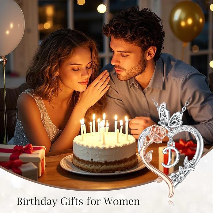 TOUPOP Rose Heart Necklaces Gifts for Women 925 Sterling Silver Butterfly Heart Initial Necklace Anniversary Valentines Day Birthday Jewelry Gifts for Mom Her Wife Girlfriend Daughter