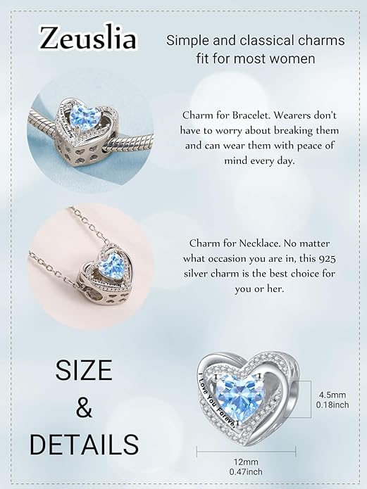 Heart Birthstone Charms for Bracelets, 925 Sterling Silver Women Bead Charms for Charm Bracelets Necklace, Mother's Day Birthday Anniversary Jewelry Gifts for Wife Mom Grandma Daughter