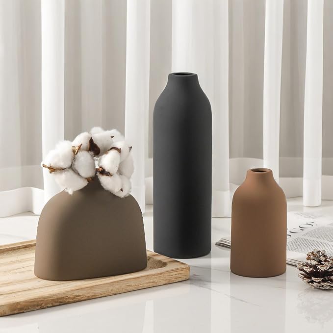Enra Modern Ceramic Vase Set of 3, Minimalist Pottery Vases - Image 2
