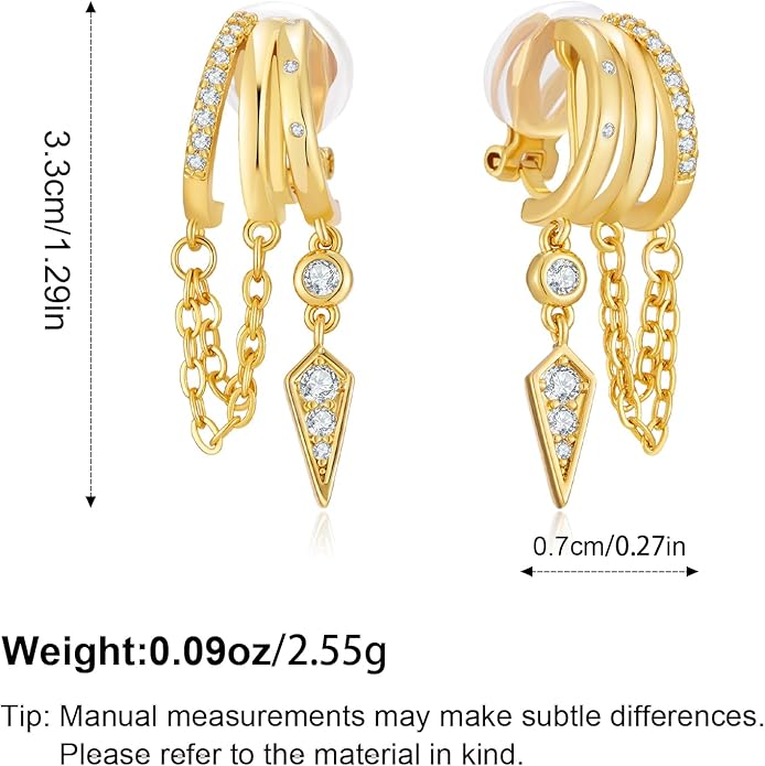 Gold Clip On Earrings for Women Sparkly Tassel Chain Drop Clip-On Earrings 18k Gold Plated Statement Non-Pierced Jewelry Gifts