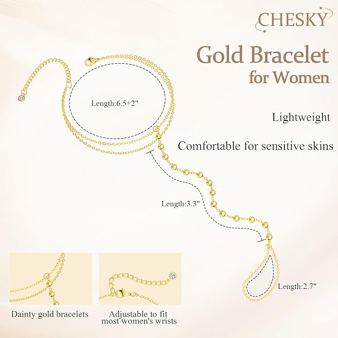 CHESKY 14K Gold Plated Hand Chain Bracelets for Women Set - Dainty Finger Ring Bracelet Stack Adjustable Hand Chains Durable Beaded Bracelets Trendy Simple Body Jewelry Gift for Women