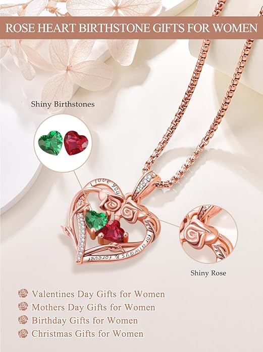 Rose Heart Necklaces for Women, Rose Gold Forever Love Jewelry with 2 Birthstones Pendant,Valentines Anniversarry Birthday Gifts for Her Wife Mom Grandma Daughter, 18+2 Inch Chain