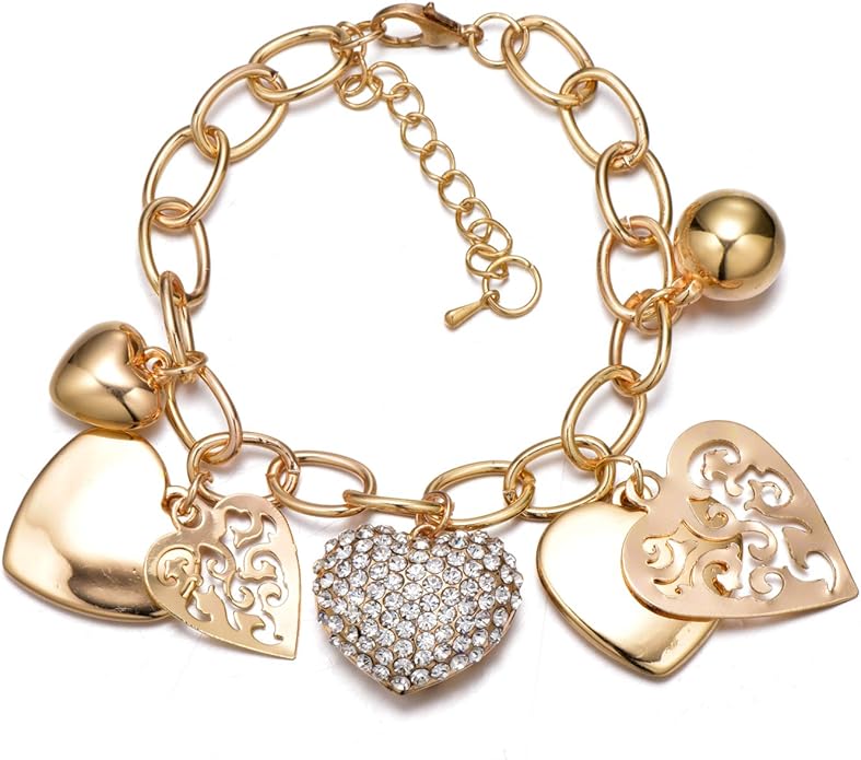SILANER Gold Chain Link Bracelet - 7"+ 2" Extender 14K Gold Plated Love Locked Bracelets for Women, with Crystal, Love Heart,Key, Lock, Charm Bracelet