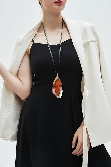 GelConnie Leather Necklace for Women Large Pendant Long Brown Necklace Circle Leather Choker Vintage Sweater Necklace Gold Chunky Boho Necklaces for Women