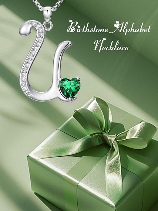 Valentines Day Gifts for Women Alphabet A to Z Initial Birthstone Pendant Necklaces for Women - 18k White Gold Plated Personalized Name Jewelry Valentine Mothers Day Birthday Gifts for Women Her Girlfriend