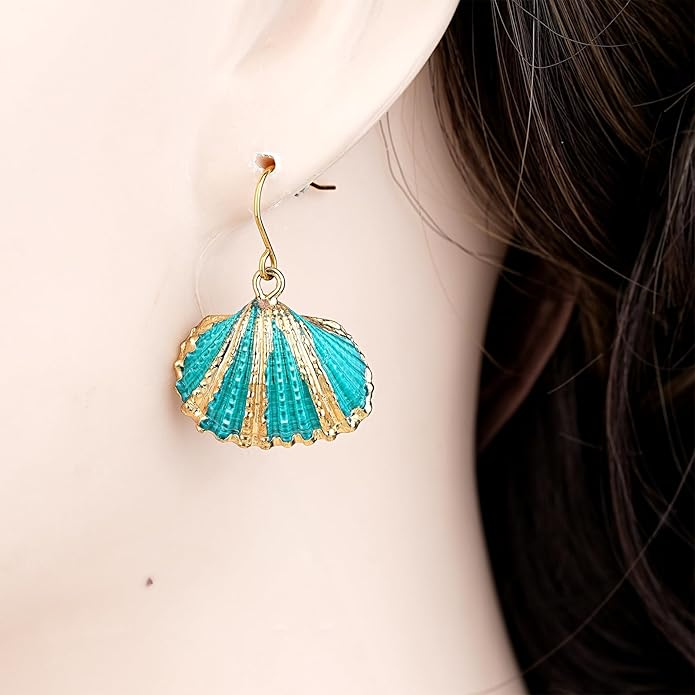 Beach Summer Sea Shell Earrings For Women, Tropical Natural Scallop Shell Jewelry Boho Earring Set Bulk Pack Vacation Dangling Drop Light Formal