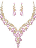 BriLove Women's Wedding Bridal Austrian Crystal Teardrop Flower Cluster Statement Necklace Dangle Earrings Jewelry Set for Party Prom