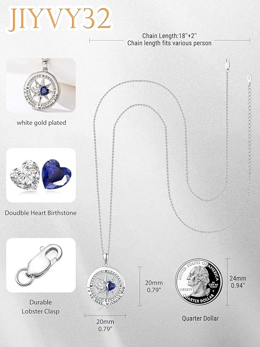 Compass Necklace for Women, Exquisite S925 Valentines Day Anniversary Birthday Gifts for Wife Her Double Birthstone Pendant Jewelry ‘I'd be Lost Without You’
