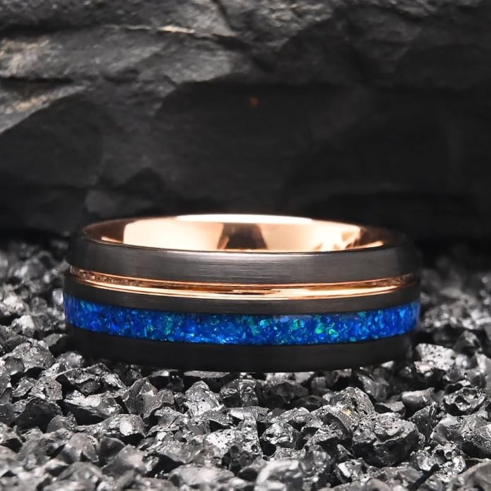 Tungsten Carbide Rings for Men Women 8mm Men's Engagement Wedding Bands Rose Golden Grooved Inlaid Blue Opal Matte Brushed