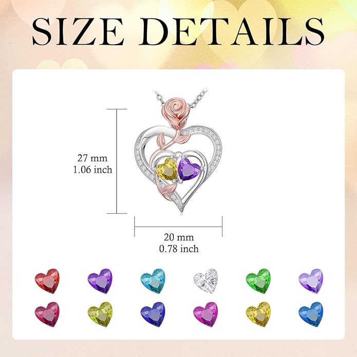 Rose Flower Heart Pendant for Women Birthday Gifts 18k Gold Plated Mother Daughter Necklace with 12 Months Birthstone Christmas Valentines Day Gifts for Her Mom Anniversarry Jewelry for Mom Wife Girlfriend