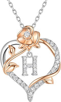 Valentines Day Gifts Rose Heart Letter Initial Necklace for Women, S925 Sterling Silver Pendant Necklace Adjustable Dainty Rose Flower Jewelry Gift for Her
