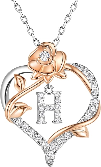 Valentines Day Gifts Rose Heart Letter Initial Necklace for Women, S925 Sterling Silver Pendant Necklace Adjustable Dainty Rose Flower Jewelry Gift for Her