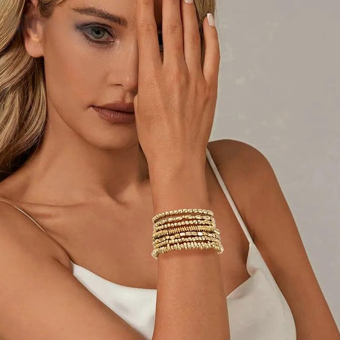 Gold Plated Beaded Bracelets for Women Trendy, 14K Gold Plated Stack Cross Pearl Gold Plated Bead Stretch Bracelets Set Elastic Hypoallergenic Bracelets Jewelry Gifts