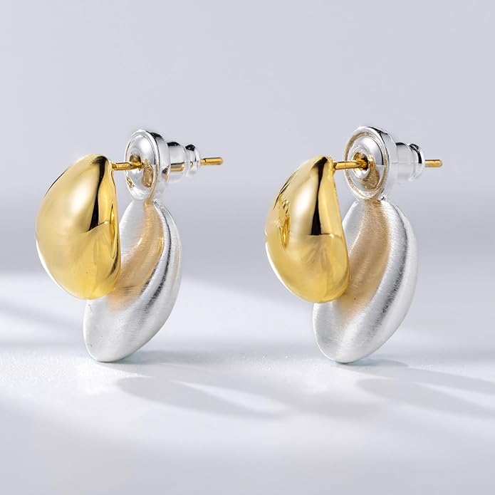 Two-Tone Chunky Oval Ball Earrings for Women, 2 in 1 Gold Silver Front and Back Stud Earrings, Lightweight 925 Sterling Silver Post, Fashion Jewelry Gift