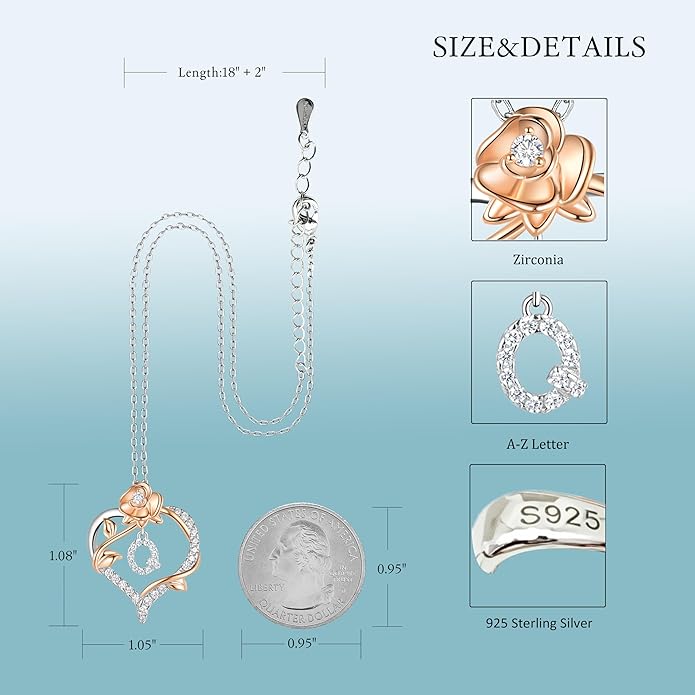 Valentines Day Gifts Rose Heart Letter Initial Necklace for Women, S925 Sterling Silver Pendant Necklace Adjustable Dainty Rose Flower Jewelry Gift for Her
