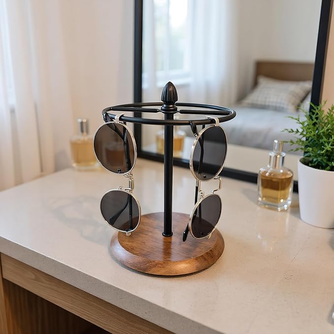 Sunglasses Organizer, Glasses Display Stand for 12 Pairs, Base Storage for Jewelry (Wood+Black)