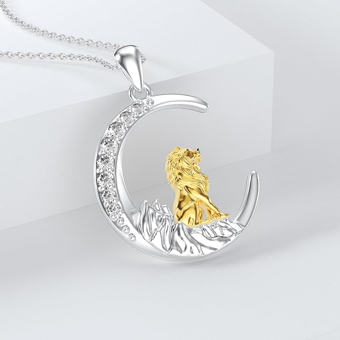 Diamond Lion Necklace for Women 925 Sterling Silver Lion on Moon Pendant Jewelry Gifts