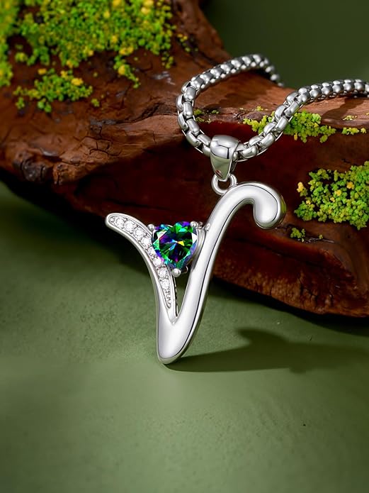 Valentines Day Gifts for Women Alphabet A to Z Initial Birthstone Pendant Necklaces for Women - 18k White Gold Plated Personalized Name Jewelry Valentine Mothers Day Birthday Gifts for Women Her Girlfriend