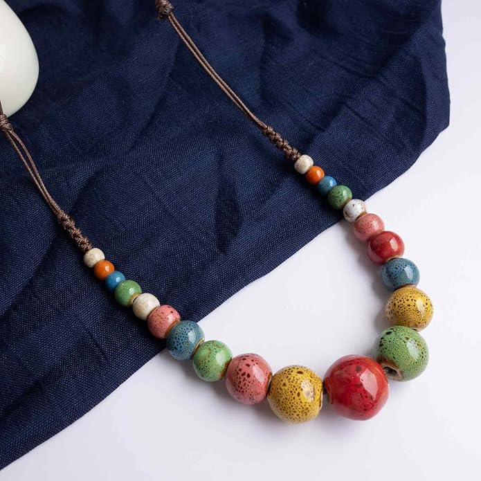 Boho Round Colorful Ceramic Beaded Necklace, Adjustable Hippie Statement Necklace, Handmade Ethnic Jewelry Gift for Women